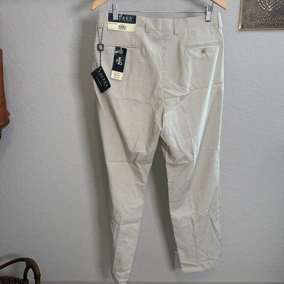 Men's Lauren Ralph Lauren Tan White Striped Seersucker‎ Dress Pants 33 x 32 NEW - Picture 6 of 11